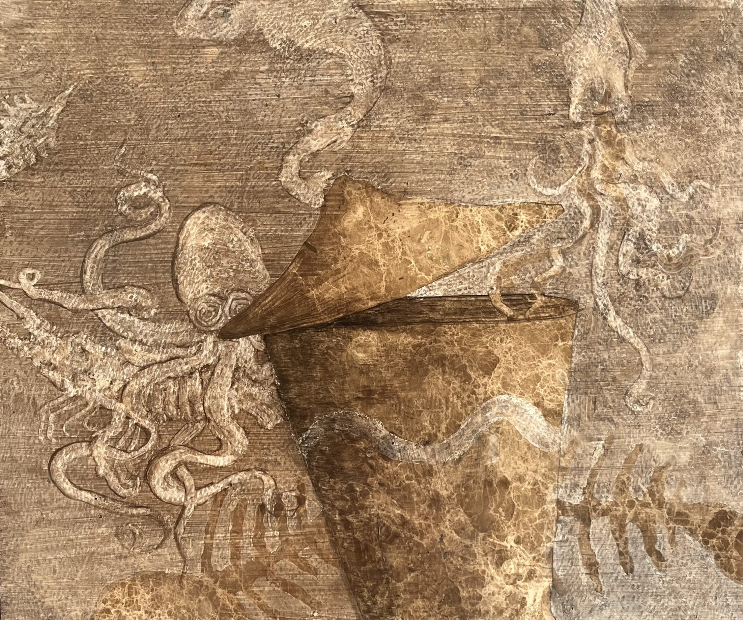 opera: GIULIO MALINVERNI NATURA MORTA, 2026 OLIO SU MARMO, EMPERADOR LIGHT